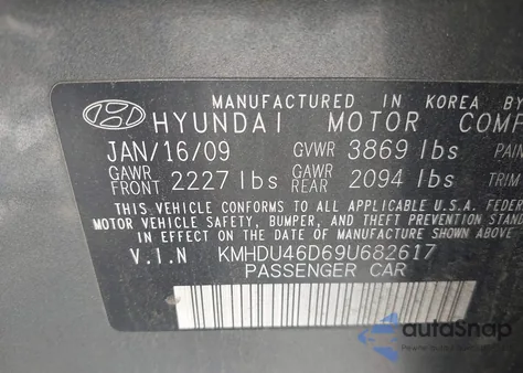 2009 Hyundai Elantra Gls z USA, uszkodzony, nr VIN KMHDU46D69U682617